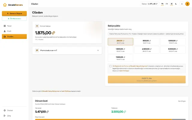 Öde — Ön ödemeli cüzdana bakiye yükle — sürprizsiz, saatlik kesinti.