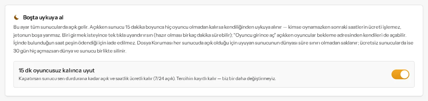 Ayarlar bölümündeki Boşta uykuya al kartı ve 15 dk oyuncusuz kalınca uyut anahtarı